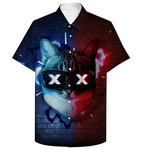 

Men's Shirt 3D Print Cat Animal Plus Size 3D Print Button-Down Short Sleeve Casual Tops Casual Fashion Breathable Comfortable Blue