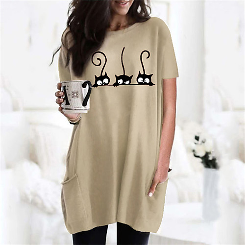 

Women's T shirt Dress Cat Graphic Animal Pocket Round Neck Basic Tops Wine Army Green Black