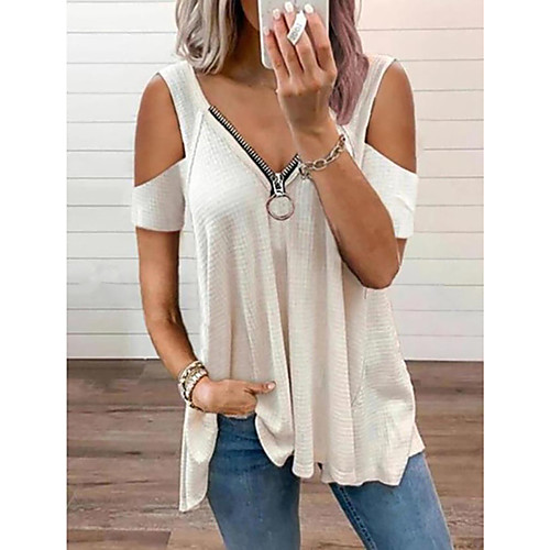 

Women's Blouse Shirt Plain Cut Out Zipper V Neck Basic Streetwear Tops White Blue Wine