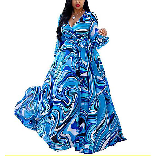 

Women's Plus Size Dress Swing Dress Maxi long Dress Long Sleeve Print Print V Neck Elegant Fall White Black Blue M L XL XXL 3XL / Slim