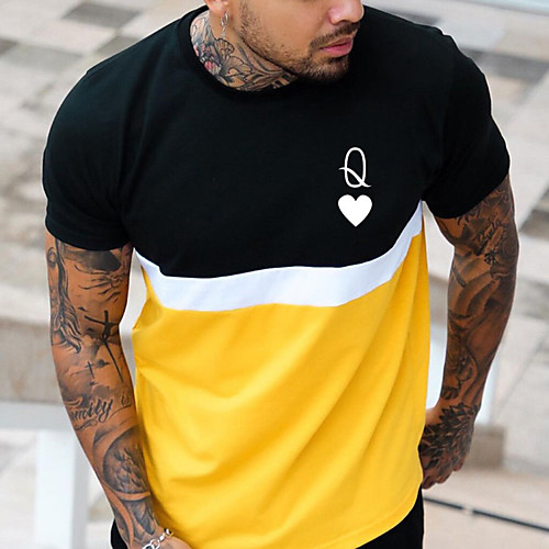 

Men's Tee T shirt Shirt 3D Print Patchwork Graphic Poker Plus Size Short Sleeve Casual Tops Basic Designer Slim Fit Big and Tall Light Yellow Yellow