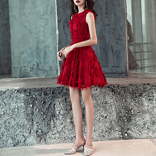 

A-Line Minimalist Elegant Party Wear Cocktail Party Dress Jewel Neck Sleeveless Short / Mini Tulle with Feather Pleats 2021