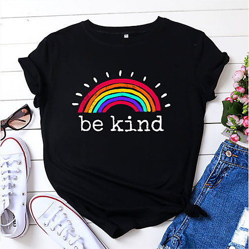 

Women's Be kind T shirt Rainbow Print Round Neck Basic Tops Blue Yellow Blushing Pink