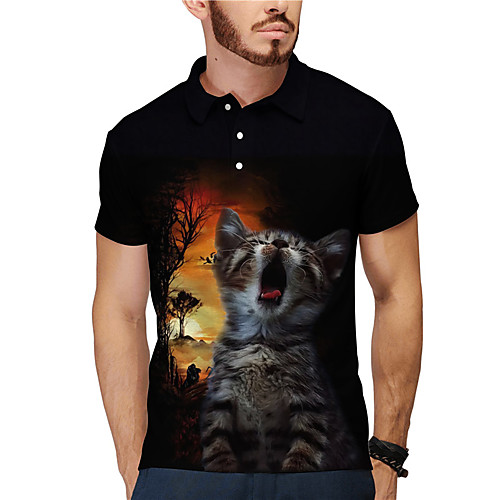 

Men's Golf Shirt Tennis Shirt 3D Print Cat Animal Button-Down Short Sleeve Street Tops Casual Fashion Cool Black / Sports