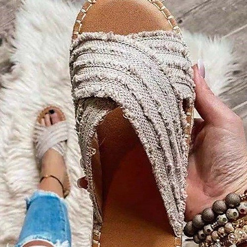

Women's Sandals Flat Heel Round Toe Polyester Solid Colored White Brown Gray