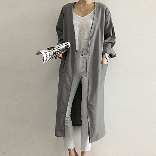 

Women's Coat Daily Wear Fall Spring Long Coat V Neck Regular Fit Casual Jacket Solid Color Pocket Blue Gray