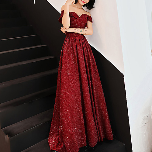 

A-Line Minimalist Elegant Party Wear Formal Evening Dress Off Shoulder Short Sleeve Floor Length Lace with Criss Cross 2021