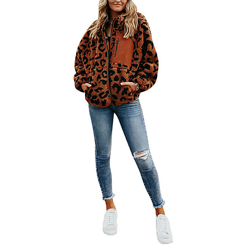 

Women's Coat Daily Wear Fall Spring Regular Coat Regular Fit Casual / Daily Jacket Leopard Print Zipper Brown