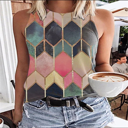 

Women's Bohemian Theme Tank Top Color Block Geometric Print Round Neck Basic Boho Tops Rainbow