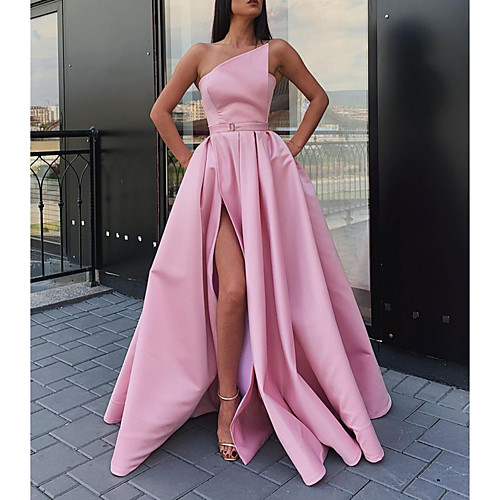 

A-Line Minimalist Elegant Engagement Prom Dress One Shoulder Sleeveless Floor Length Satin with Split 2021
