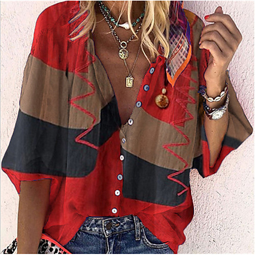 

Women's Geometric Blouse Shirt Color Block Geometric Print Shirt Collar Basic Streetwear Tops Blue Wine