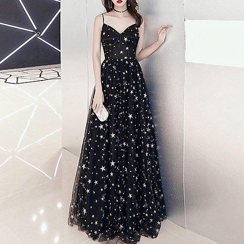 

A-Line Minimalist Sexy Wedding Guest Formal Evening Dress Spaghetti Strap Sleeveless Floor Length Tulle with Pattern / Print 2021