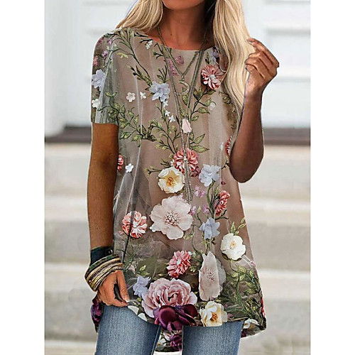 

Women's T shirt Dress Floral Print Round Neck Basic Tops Blue Brown