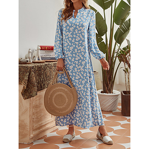 

Women's Swing Dress Maxi long Dress Light Blue Long Sleeve Print Spring Summer Casual Loose 2021 S M L XL XXL