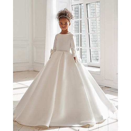 

A-Line Floor Length Flower Girl Dresses Party Satin Long Sleeve Jewel Neck with Solid