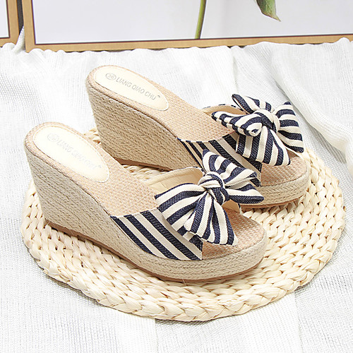

Women's Sandals Wedge Sandals Espadrilles Wedge Heel Peep Toe Wedding Pumps Linen Denim Bowknot Striped Blue