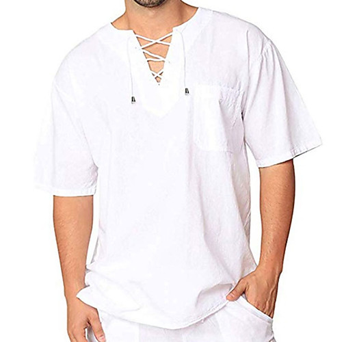 

Men's Shirt Solid Colored Drawstring Short Sleeve Casual Tops Cotton Casual Fashion Breathable Comfortable Round Neck Khaki White Black