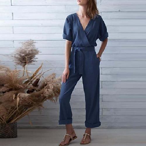 

2020 amazon ebay summer new v-neck solid color casual cotton and linen jumpsuit with loose belt and hot style