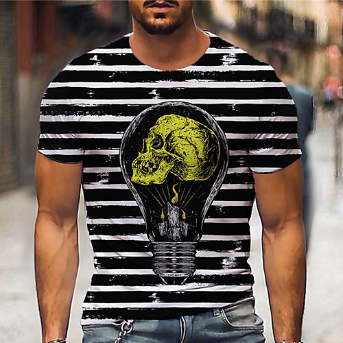 

Men's Tee T shirt Shirt 3D Print Striped Graphic Prints bulb Print Short Sleeve Daily Tops Casual Designer Big and Tall Black / White