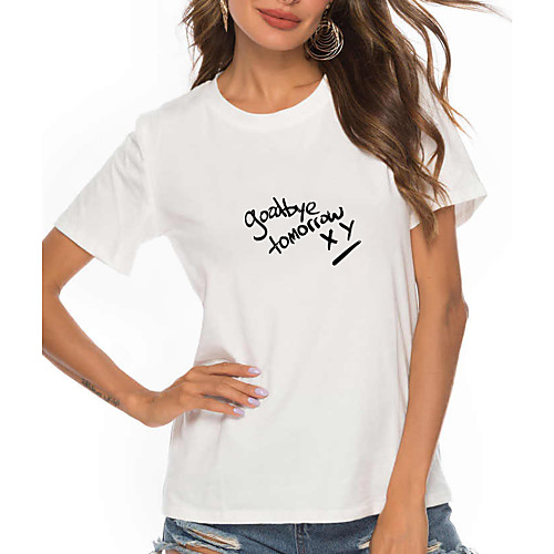 

Women's Painting T shirt Text Print Round Neck Basic Tops Cotton White Black Dark Gray