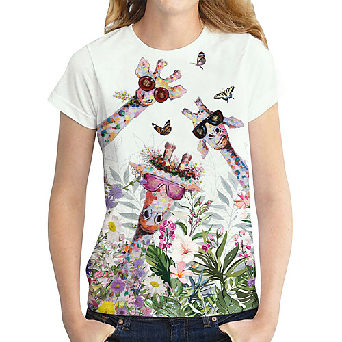 

Women's Floral Theme Butterfly Painting T shirt Floral Butterfly Giraffe Print Round Neck Basic Tops White
