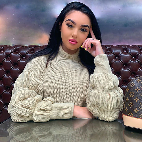 

Women's Solid Color Sweater Long Sleeve Sweater Cardigans High Neck White Light Green