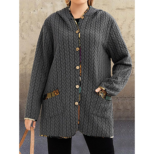 

Women's Coat Daily Wear Fall Winter Long Coat U Neck Regular Fit Casual Daily Jacket Solid Color Pocket Gray / Spring / Cotton
