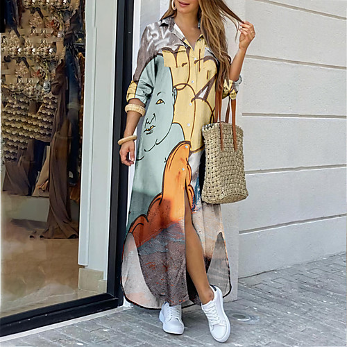 

Women's Shirt Dress Maxi long Dress Blue Yellow Orange White Black Red Long Sleeve Print Abstract Animal Print Summer Shirt Collar Casual 2021 XS S M L XL XXL 3XL 4XL 5XL 6XL