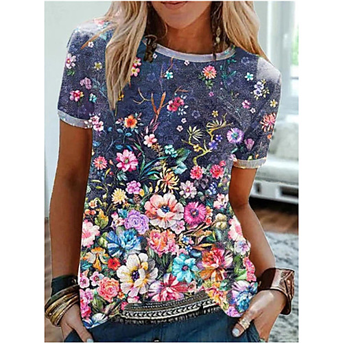 

Women's Floral Theme Painting T shirt Floral Graphic Print Round Neck Basic Tops Blue