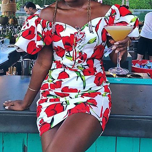

Women's Sheath Dress Short Mini Dress Wine Short Sleeve Floral Summer cold shoulder Casual Sexy 2021 S M L XL