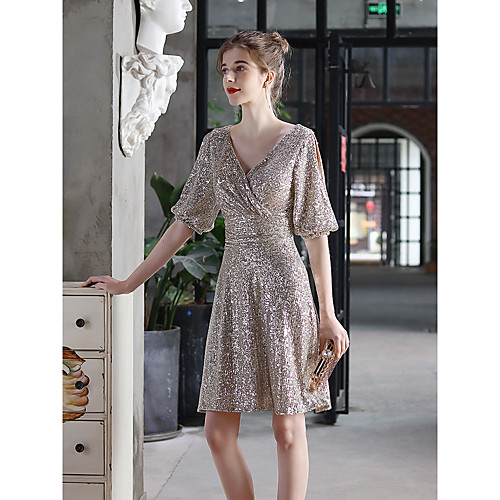 

A-Line Sexy Cocktail Party Dress V Neck Half Sleeve Short / Mini Sequined with Sequin 2021