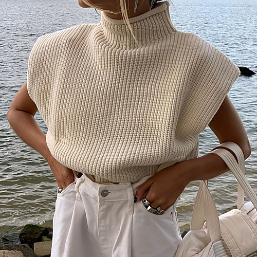 

Women's Stylish Solid Color Vest Cotton Sleeveless Sweater Cardigans Turtleneck Spring Summer White Wine Black