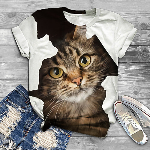 

Women's Plus Size Tops T shirt Cat Graphic Animal Print Short Sleeve Crewneck Basic White Big Size XL XXL 3XL 4XL 5XL / Holiday