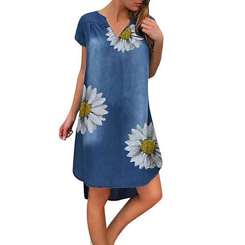 

Women's T Shirt Dress Tee Dress Knee Length Dress Blue Short Sleeve Floral Spring Summer Casual Loose 2021 S M L XL XXL XXXL