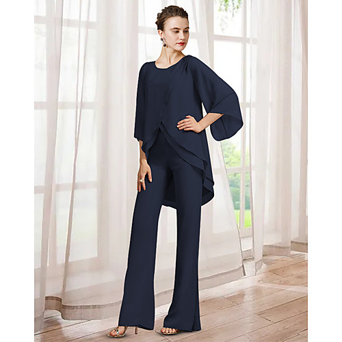 

Two Piece Pantsuit / Jumpsuit Mother of the Bride Dress Elegant Jewel Neck Floor Length Chiffon Long Sleeve with Ruching 2021