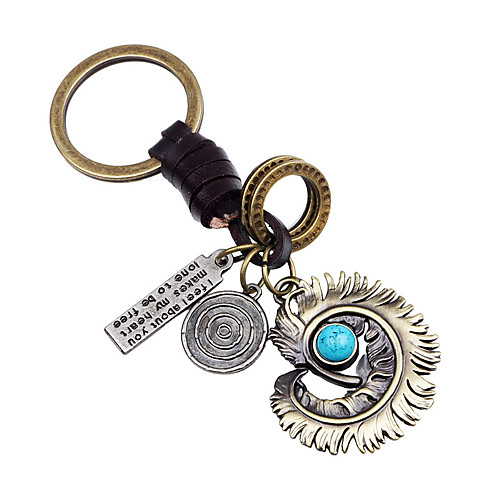 

alloy feather retro car keychain, creative woven leather cord key ring