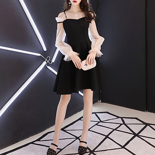 

A-Line Minimalist Elegant Party Wear Cocktail Party Dress Spaghetti Strap Long Sleeve Short / Mini Stretch Fabric with Pleats 2021