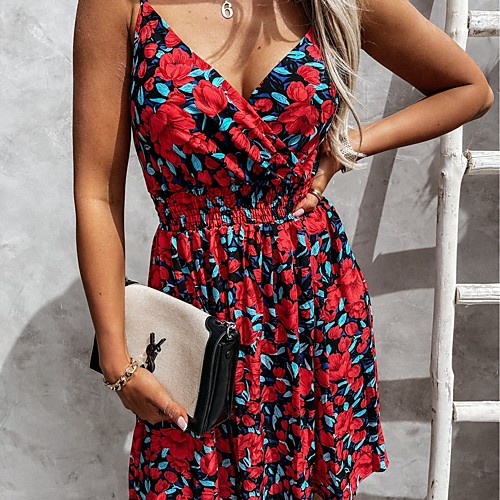 

Women's Swing Dress Knee Length Dress Black flower White safflower Red flower Sleeveless Floral Print Spring Summer Casual 2021 S M L XL 2XL