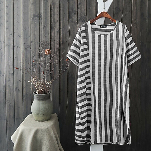 

Women's Loose Knee Length Dress Blushing Pink Black Short Sleeve Stripes Summer Casual 2021 S M L XL XXL XXXL