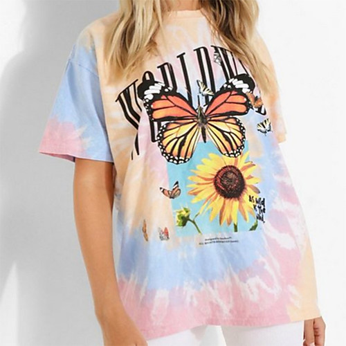 

Women's Floral Theme Butterfly Painting T shirt Butterfly Tie Dye Sunflower Print Round Neck Basic Tops Blushing Pink