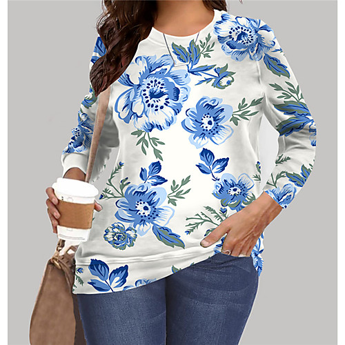 

Women's Plus Size Tops Pullover Sweatshirt Floral Graphic Print Long Sleeve Crewneck Basic White Big Size XL XXL 3XL 4XL 5XL