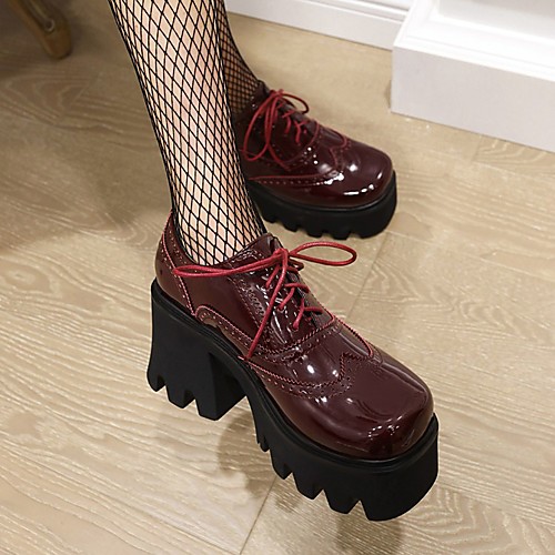 

Women's Oxfords Brogue Platform Block Heel Square Toe Patent Leather PU Synthetics Burgundy Black Blue