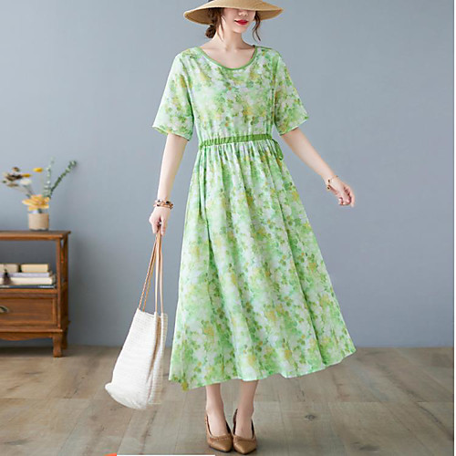 

Women's Swing Dress Maxi long Dress Yellow Green Short Sleeve Print Spring Summer Casual 2021 M L XL XXL