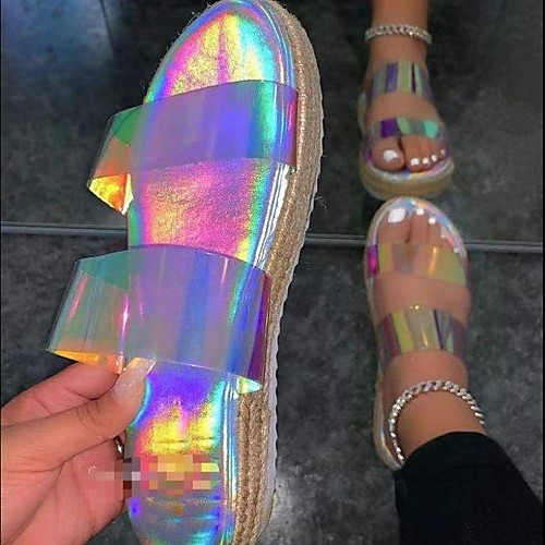 

Women's Sandals Espadrilles Outdoor Slippers Flat Heel Round Toe PU Solid Colored Light Red Rainbow