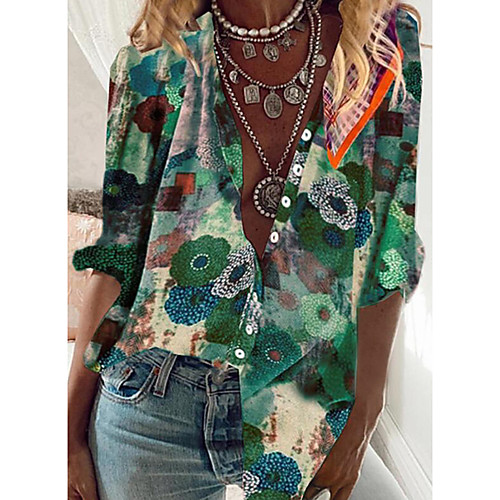 

Women's Floral Theme Blouse Shirt Floral Graphic Long Sleeve Button Print Shirt Collar Basic Streetwear Tops Yellow Green