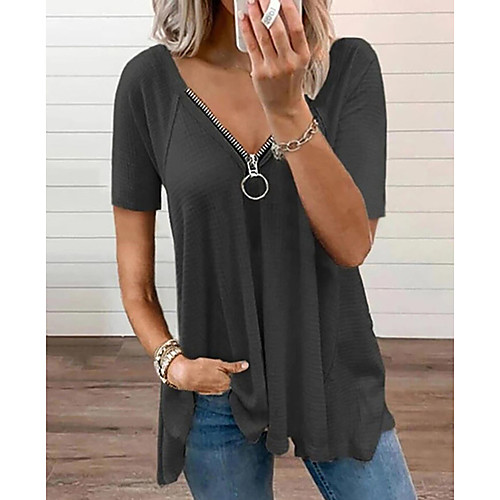 

Women's Blouse Shirt Plain Zipper V Neck Basic Streetwear Tops White Blushing Pink Black