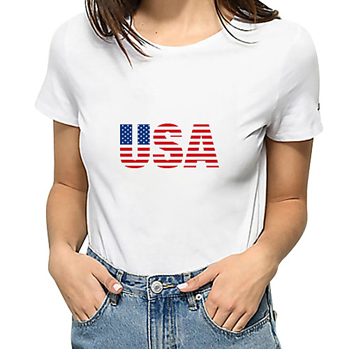 

Women's Portrait Painting T shirt USA Stars and Stripes National Flag Print Round Neck Basic Tops Cotton White Blue Red