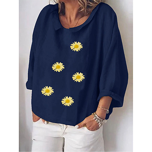 

Women's Blouse Shirt Floral Daisy Long Sleeve Print Round Neck Basic Streetwear Tops Blue Green Royal Blue