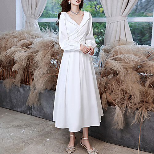 

A-Line Minimalist Vintage Party Wear Prom Dress V Neck Long Sleeve Tea Length Stretch Fabric with Pleats 2021