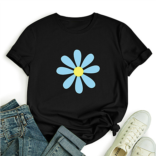 

Women's Holiday T shirt Flower Print Round Neck Basic Tops Cotton White Purple Red